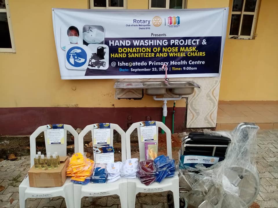 Rotary Club of Isolo Metropolitan Hand Washing Project and donation of nose masks, hand sanitisers and wheel chairs